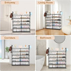 2-Row 6-Tier Stackable Shoe Rack, Black Metal Shoe Shelf with Multifunctional Hooks, Hold 24-30 Pairs, Space Saving Shoes Org