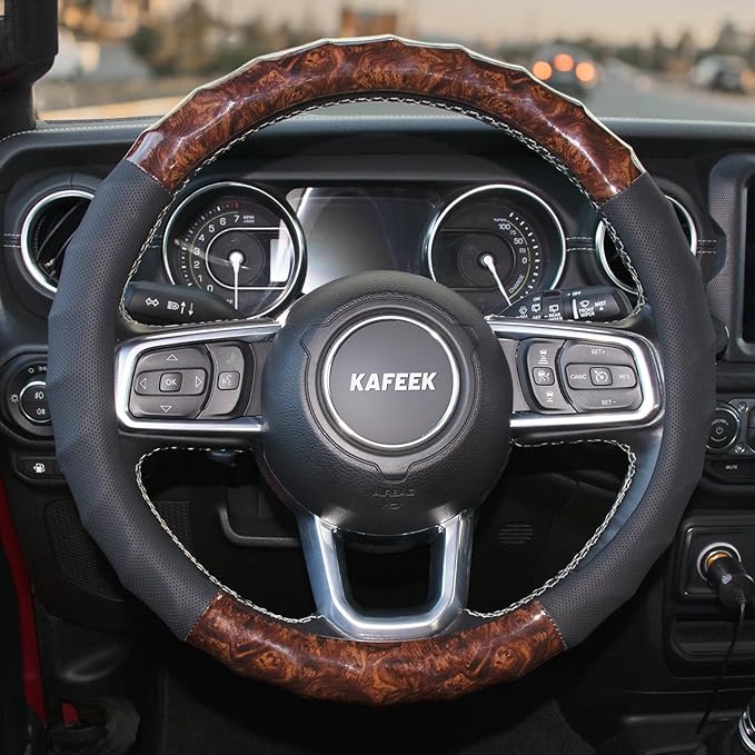 KAFEEK Wood Grain Steering Wheel Cover, Universal 15 Inch, Car Steering Wheel Protector Men Women, Comfort Finger Grips, Brea
