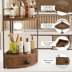 2-Tier Corner Bathroom Counter Organizer with Drawer & Embedded Screw Holes - Wooden Countertop Organizers for Skincare, Make
