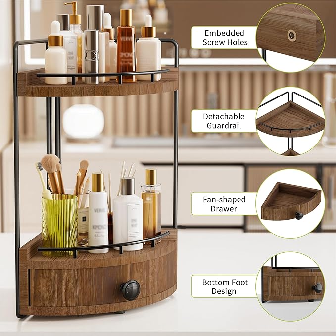 2-Tier Corner Bathroom Counter Organizer with Drawer & Embedded Screw Holes - Wooden Countertop Organizers for Skincare, Make
