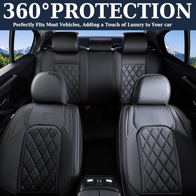 Coverado Car Seat Covers Full Set, Front and Back Seat Covers for Cars, Luxury Faux Leather Waterproof Seat Covers, Black Car