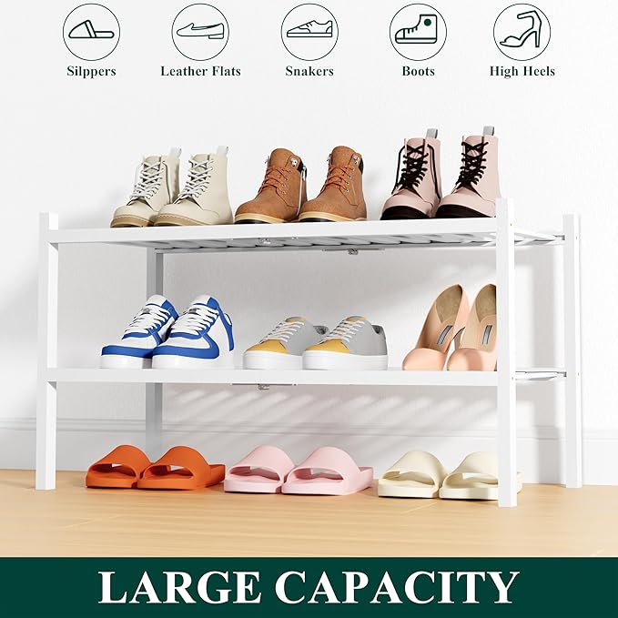Smiry Shoe Rack, 2 Tier Thick Bamboo Shoe Organizer, Stackable Free Standing Wooden Shoe Storage Shelf for Closet, Entryway, 