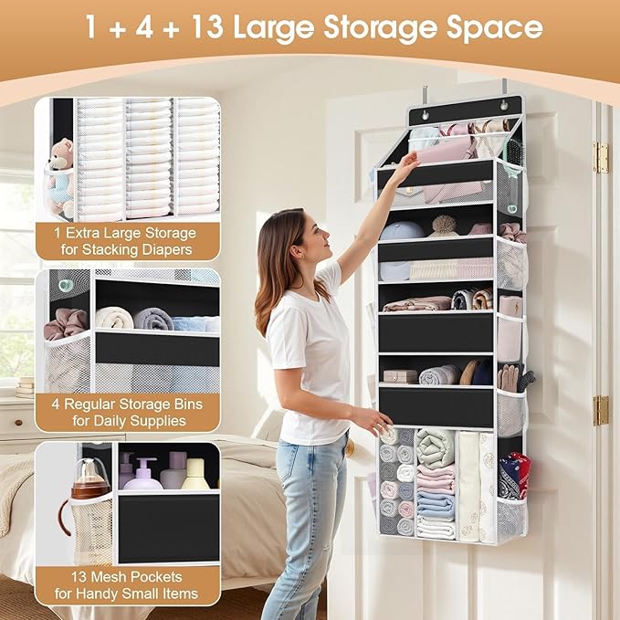 WISELIFE 5-Tier Over the Door Organizer for Hanging - 50LB Heavy-Duty Back of Door Organizer with 5 Spacious Pockets & 13 Mes