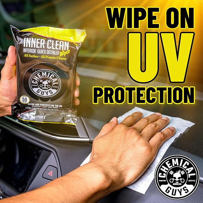 Chemical Guys InnerClean Interior Quick Detailer & Protectant Wipes – 50 Pack Multi Surface Interior Cleaner Wipes for Dashbo