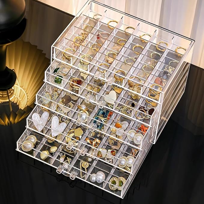 SPAKOWN Earring Organizer, Acrylic Jewelry Holder Organizer with 5 Drawers Stackable Earring Storage Case Jewelry Boxes for W