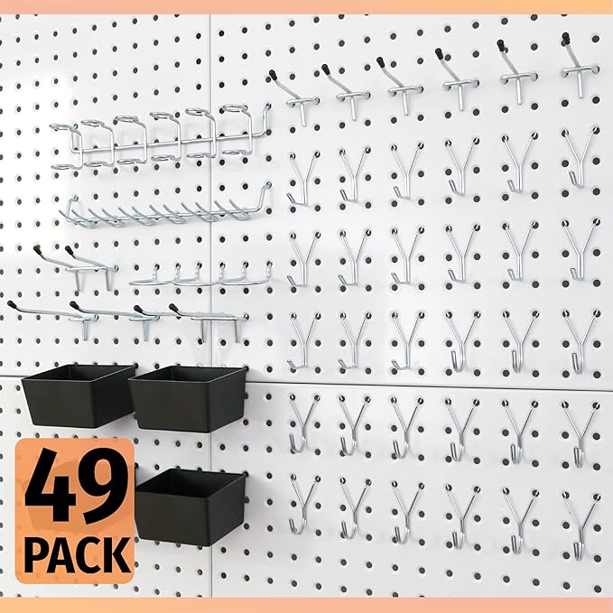 HUHOLE 49 Piece Pegboard Hooks Assortment Kit with Pegboard Bins Garage Tool Organizer Set Fits 1/8 and 1/4 Inch Peg Board Ac