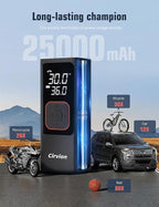 Tire Inflator Portable Air Compressor, 3X Faster 25000mAh 160 PSI Air Pump for Car Tires- Cordless, with Pressure Gauge, LED Light & Digital Display, for Car, Pickup, Truck, Motor, E-Bike and Bicycle