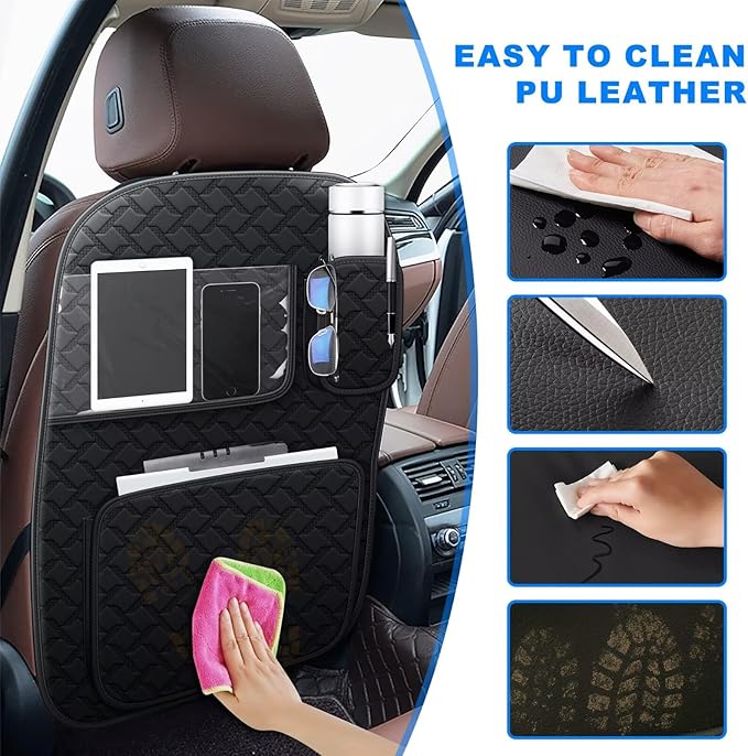 Back Seat Protector 2 Pack Fit For Chevy Equinox Car Kick Mats with Touch Screen Tablet Holder Storage Organizer Waterproof Dirt Proof Faux Leather Auto Accessories for Kids (1 Pair Black)