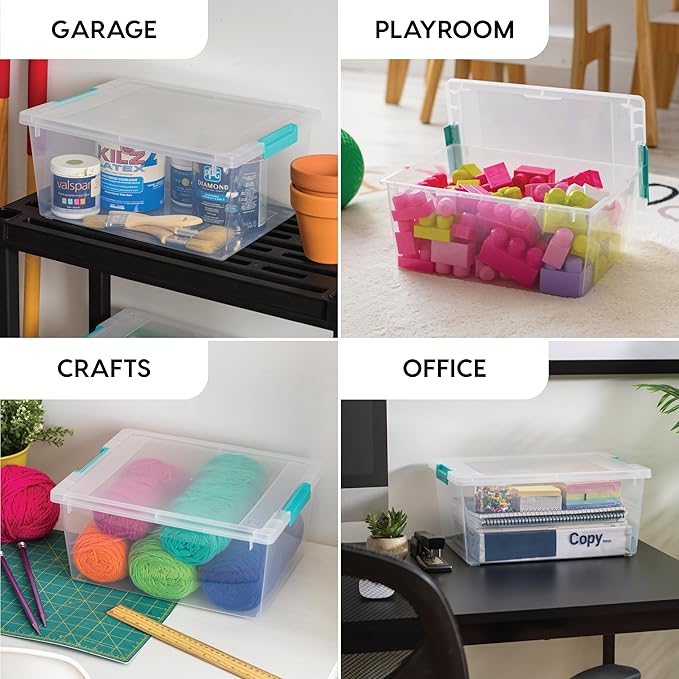 IRIS USA 12 Qt. Craft Storage Bins with Lids, 4-Pack, |Made in USA|, Clip Box, Medium Plastic Sensory Bin Tote Organizer Cont