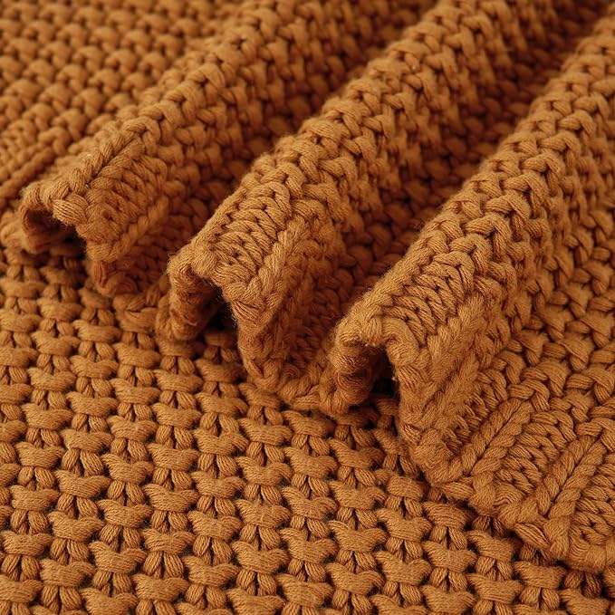 Chunky Cable Knit Throw Blanket Lightweight Burnt Orange 100% Organic Cotton Blanket for Sofa Couch Bed Baby Nursery, Rustic 