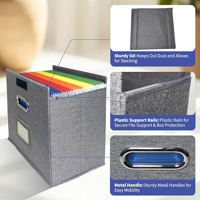 2 Pack Hanging File Folder Box with Lid, Durable Letter Size Filing Storage Box, Sturdy Magazine File Holder with Cardboard S