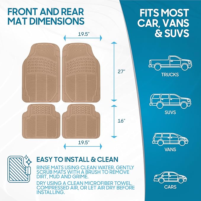 Heavy Duty 4pc Front & Rear Rubber Floor Mats for Car SUV Van & Truck-All Weather Protection Universal Fit
