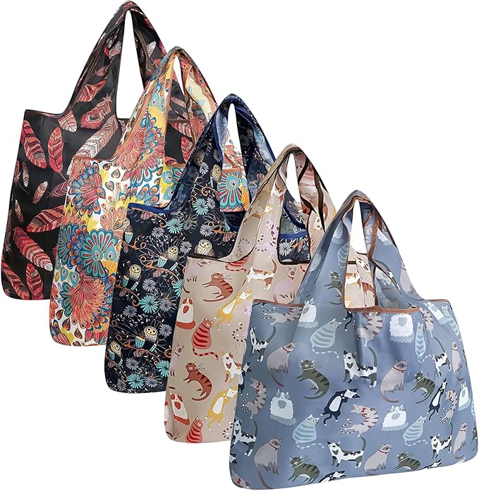 allydrew Large Foldable Tote Nylon Reusable Grocery Bags, 5 Pack