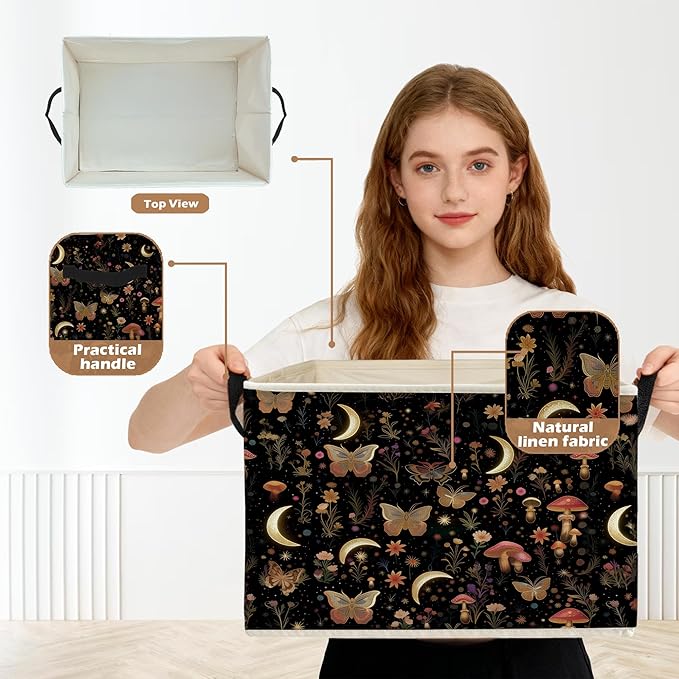 Enchanted Forest Boho Witchy Storage Box Bins, Mystical Moon Butterfly Mushroom Floral Collapsible Storage Basket Organizer f