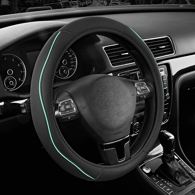 Road Comforts Leather Steering Wheel Cover with Decorative Trim and Piping, Anti-Slip Breathable Design, Fits 14.5–15 Inch Ro