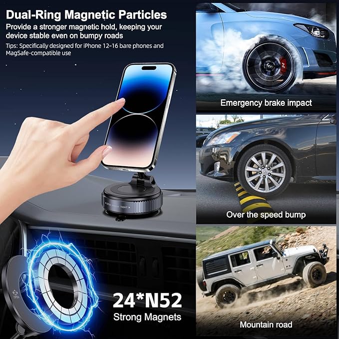 Vacuum Magnetic Car Phone Holder for Magsafe, Hands-Free 360° Adjustable Suction Cup Phone Mount for Car/Gym/Mirror/Smooth Surface, Compatible with iPhone & Android (Black)