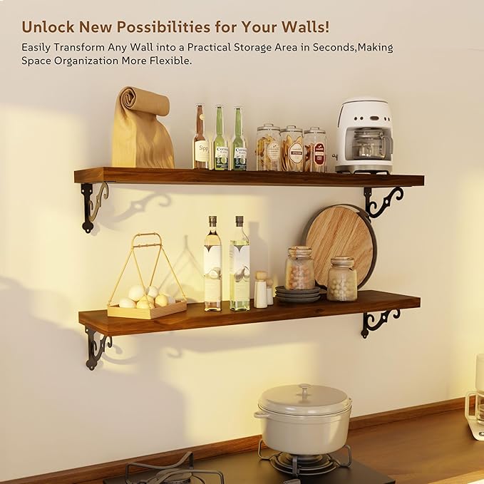 Solid Wood Floating Shelves for Wall with Metal Brackets,2 Tier 36 inch Pinewood Wall Shelf,Suitable for Multiple Places Such