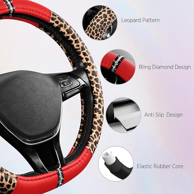 Road Comforts Leopard Steering Wheel Cover for Women, Cute Anti-Slip Microfiber Leather, Fits D Shape Flat Bottom Steering Wh