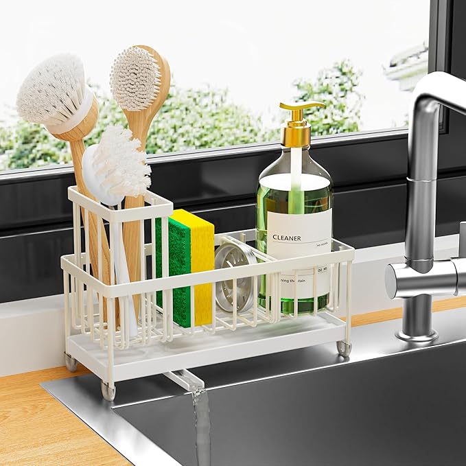 Cisily Sponge Holder for Kitchen Sink, Sink Caddy Organizer with High Brush Holder, Kitchen Countertop Organizers and Storage
