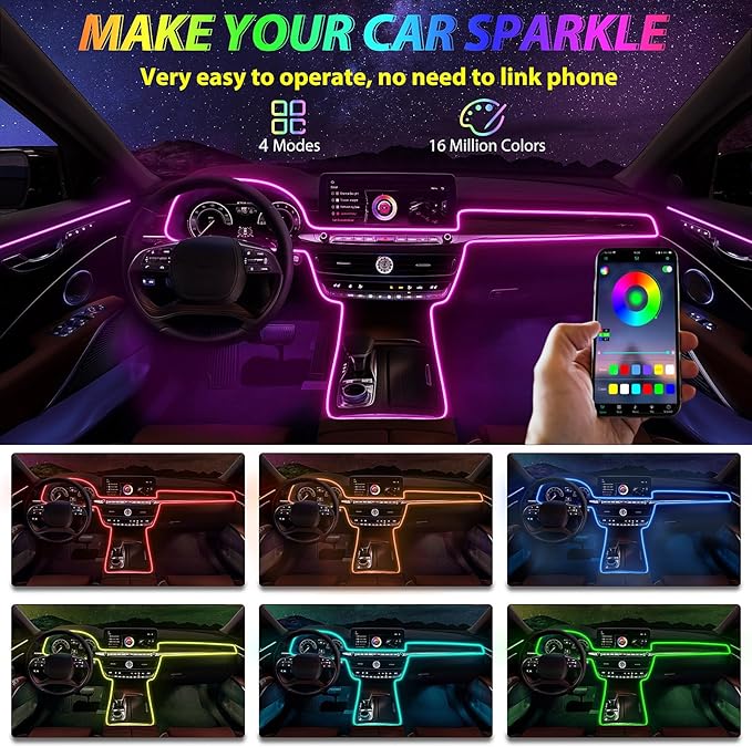 6 in 1 Car Led Strip Lights with App Control, RGB Colors Interior Car Lights, Ambient Led Lighting Kit, 4 Light Flashing Modes, USB Neon Accessories for Doors, Center Console