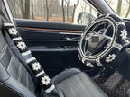 Daisy Crochet Steering Wheel Cover,Cute Seat Belt Cover,Women car Accessories (Black Wheel Cover+2 Belt Cover)