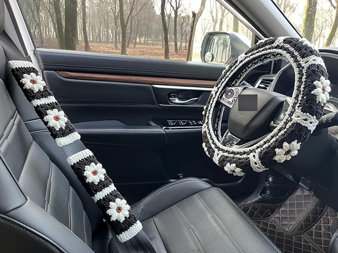 Daisy Crochet Steering Wheel Cover,Cute Seat Belt Cover,Women car Accessories (Black Wheel Cover+2 Belt Cover)