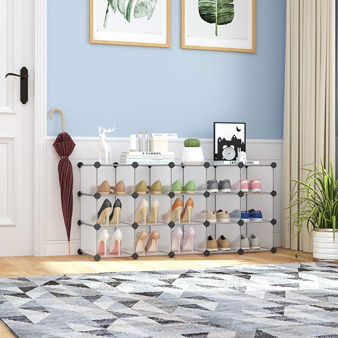 C&AHOME Plastic Shoe Rack,16-Cube Modular Shoes Storage Stand, Multifunction Closet Cabinet, Stackable Shoe Organizer for Bed