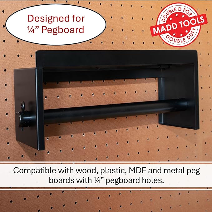 Pegboard Paper Towel Holder with Shelf, MADD Tools Black Pegboard Accessories Tool Holder Organizer, Peg Board Accessory Kit 