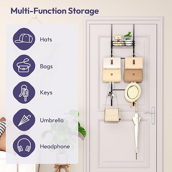 SWTYMIKI Over The Door Purse Organizer - Wall Mounted Handbag Organizer with 10 Hooks and Metal Basket, Hanging Purse Storage