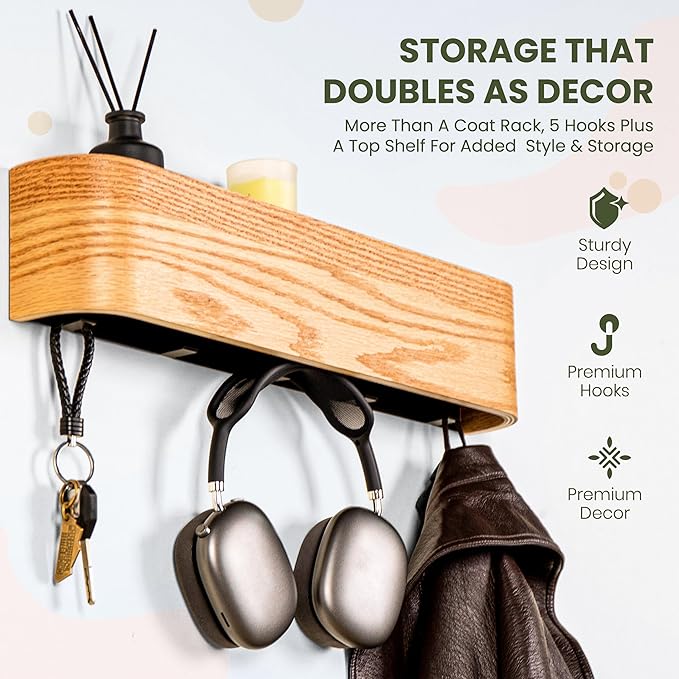 Coat Rack Wall Mount with Shelf | Wall Mounted Coat Rack with 5 Hidden Wall Hooks | Wooden Coat Rack with Mail Holder | Entry