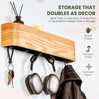 Coat Rack Wall Mount with Shelf | Wall Mounted Coat Rack with 5 Hidden Wall Hooks | Wooden Coat Rack with Mail Holder | Entry