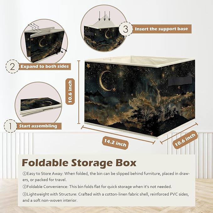 Mystical Crescent Moon Star Celestial Storage Box Bins, Moody Starry Night Sky Collapsible Storage Basket Organizer for Bedro