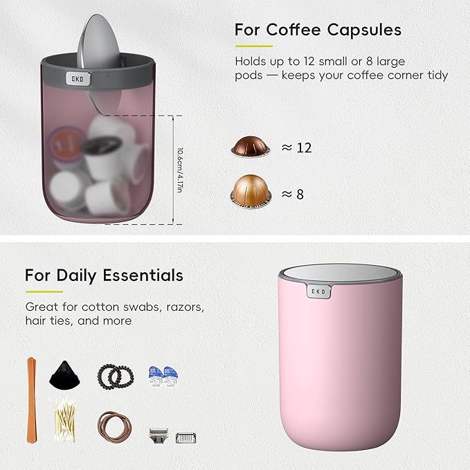EKO Fandy 0.4 Gal/1.5L Mini Tabletop Trash Bin with Swing-Lid, Desktop Trash Can for Bathroom Countertop, Vanity, Coffee or Office, Small Garbage Bin (Pink)