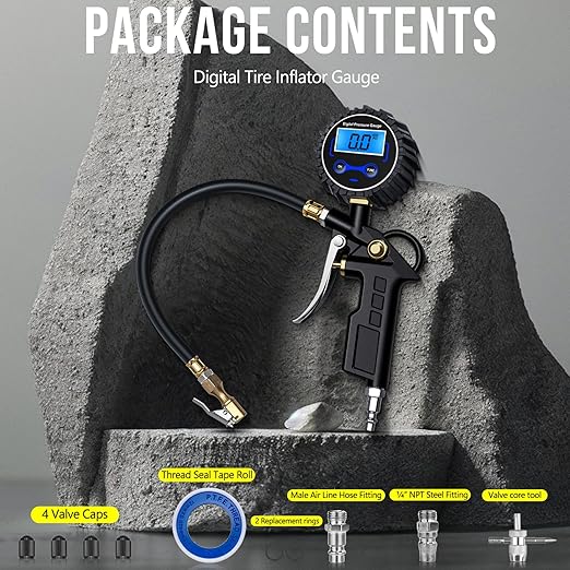 Digital Tire Pressure Gauge with Inflator, Air Compressor Accessories with Air Chuck Quick Connect Coupler, Car Attachments with Rubber Hose for Car, Truck, SUV, Cycle, RV, 250 PSI