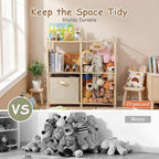 LAMU Stuffed Animal Storage and Kids Bookshelf, Wooden Toy Organizer with Large Toy Box Chest, Kids Bin Shelf Toys Box Bookca
