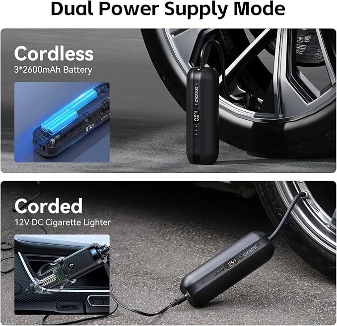 CYCPLUS Tire Inflator Portable Air Compressor - 150PSI Cordless Air Pump with Digital Tire Pressure Gauge, Accurate LCD Display & LED Light, DC/AC 2-in-1 for Car/Motorcycle/E-Bike/Ball(2025 Version)
