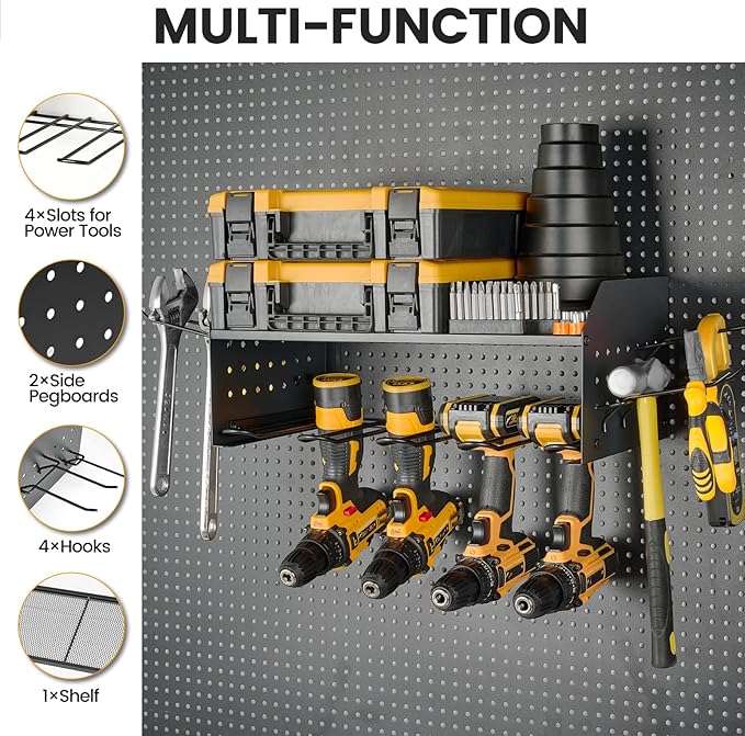 TRZZ Power Tool Organizer Wall Mount, 2-Tier Cordless Drill Rack with 4 Drill Holders and 2 Side Pegboards, Efficient Drill S