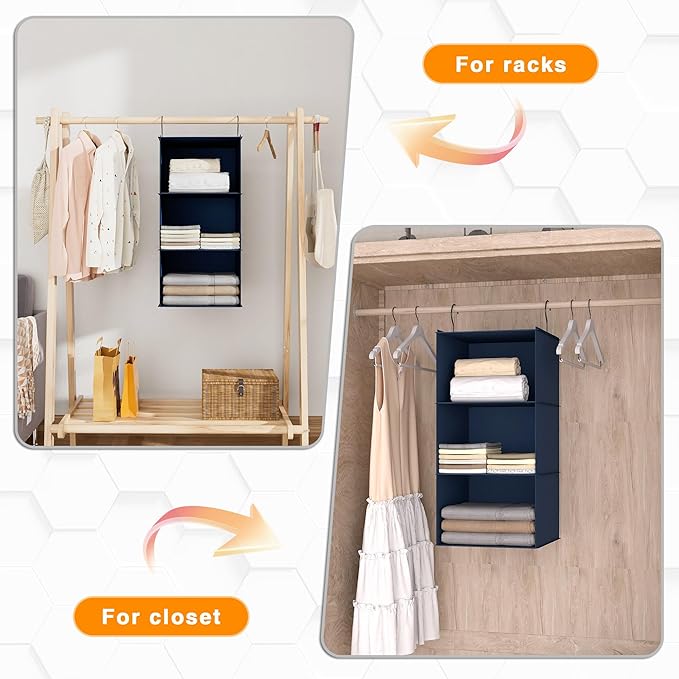 Hanging Closet Organizer - 3-Shelf, Easy Mount Foldable Wardrobe Storage Shelves for Clothes, Handbags, Shoes & Accessories -