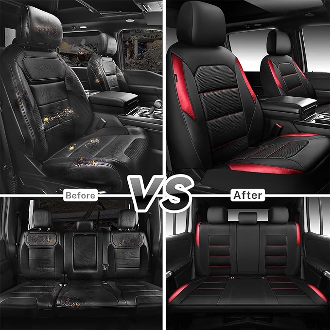 CAR PASS Memory 3D Foam Car Seat Covers Full Set, Breathable Mesh Thick Seat Covers for Car, Red Metal Film Leather Seat Cove