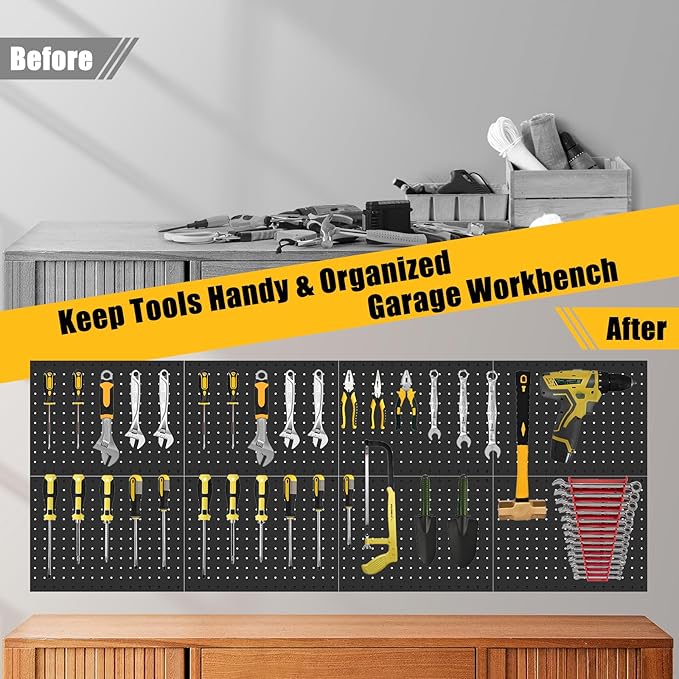 PBHEPJ 8 Pcs Metal Pegboard Panels, Heavy Duty Peg Boards for Garage and Garden Tool Storage, Includes Drywall Anchors and Sc