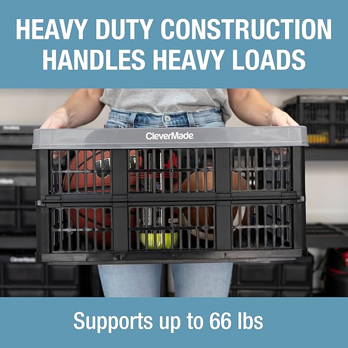 CleverMade Collapsible Utility Crates 45L (3 Pack) – Foldable Plastic Crates with Heavy Duty 66 lb Capacity, Collapsible Crat