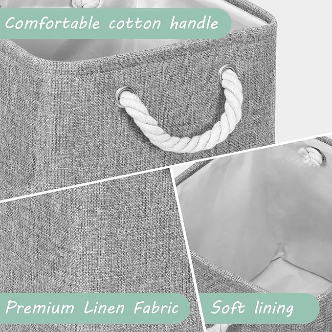 FinishingBo Large 11x11 Inch Cube Storage Bins with Cotton Handles for Closet, Shelves, Clothes, Towel (Gray-6 Pack)