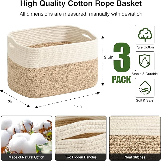 ICERZCZ Large Storage Baskets for Organizing Shelves, Woven Cotton Rope Bins for Baby Nursery Organization, Book Toy Towel Or