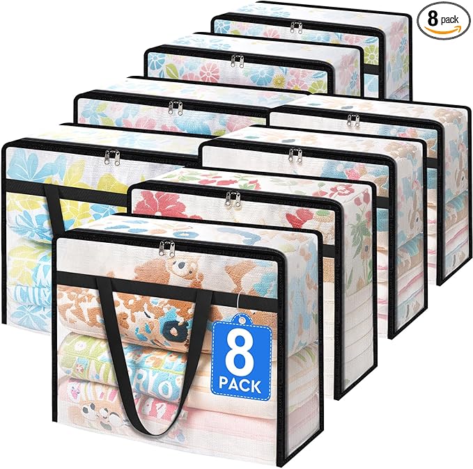 TasticTotes 8 Pack Clear Storage Bags for Comforter, Clothes & Bedding, Plastic Blanket Storage with Zipper and Handle, Movin