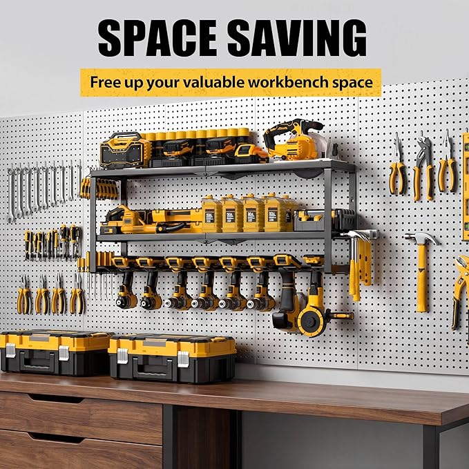 MOOMSINE Power Tool Organizer Wall Mount, Heavy Duty Metal Tool Storage Rack Loads 320lbs, 8 Cordless Drill Holder 3 Layer fo