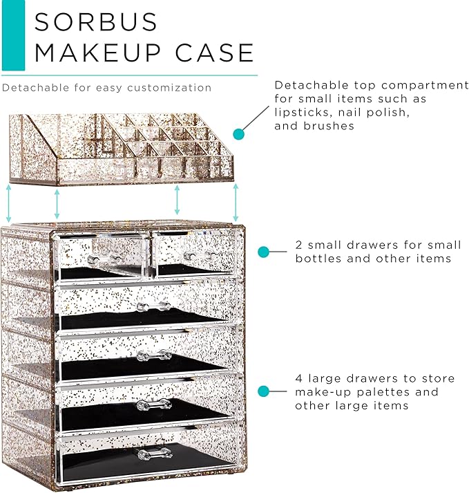 Sorbus Acrylic Makeup Organizer Set, 6-Drawer Vanity & Countertop Cosmetic Storage with Small & Wide Compartments, Glitter Ma