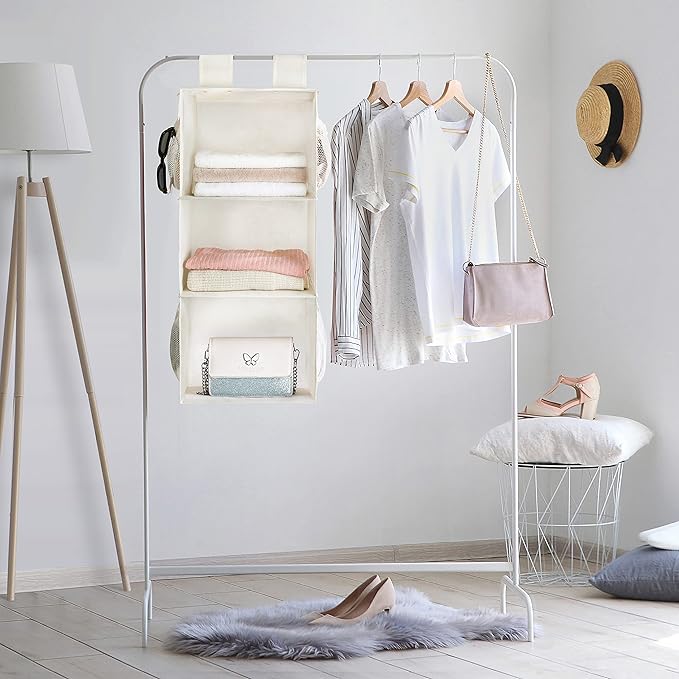 MAX Houser 3-Shelf Hanging Closet Organizer, Hanging Sweater Organizer, Foldable Hanging Shelves for Closet with 2 Velcro, Be