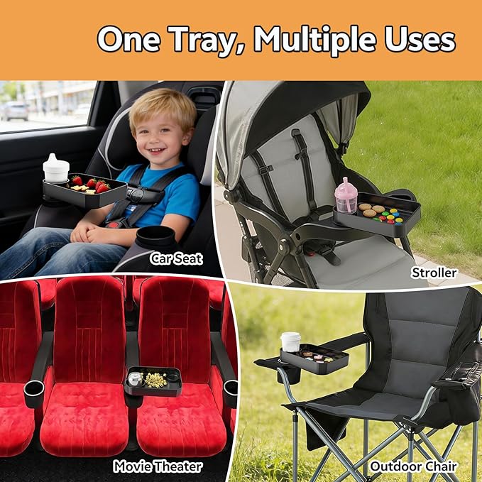 Car Seat Snack Tray for Kids Toddler Travel,Cup Holder Expander for Car,Toddler Travel & Road Trip Accessory for Mess-Free Snacking in The Car (Black)