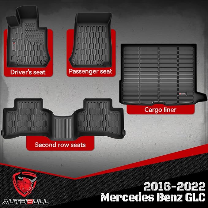 Floor Mats & Cargo Liner Compatible with 2016-2022 Mercedes Benz GLC Cargo Mat, Full Set All Weather Protection 1st, 2nd Row Car Liners & Trunk Mat, Black
