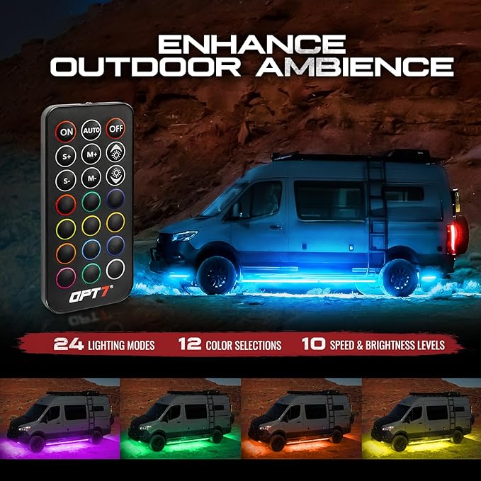 OPT7 Aura Aluminum Underglow for RV Exterior Lights w/Remote Control, 12V LED Waterproof Light Bars, Camper Van Neon Underbody Lighting Kit, RGB Multicolor Motorhome Travel Trailer Decoration